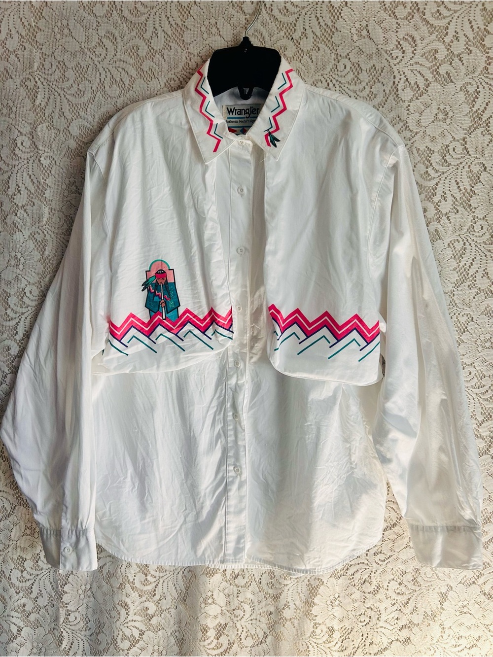 Vintage Wrangler Southwestern Western Button Up Shirt White Pink Teal USA 🐴🤠